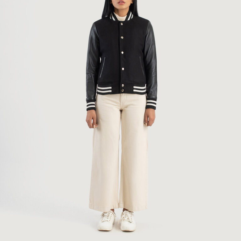 Womens Savant Black Hybrid Varsity Jacket Full Length-2-1686936267857